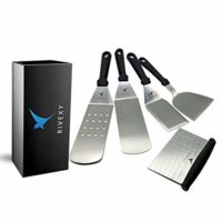 Set of 5 Metal Spatula Stainless Steel with Plastic Handle – Multipurpose BBQ Spatula Set For BBQ Grill Griddle – Pancake Flipper, Griddle Scraper, Dough Scraper, Griddle Spatula, Perforated