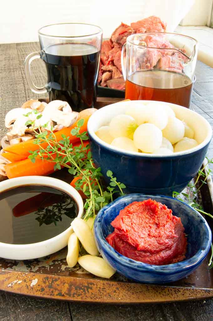 Mise en place of ingredients for French beef stew