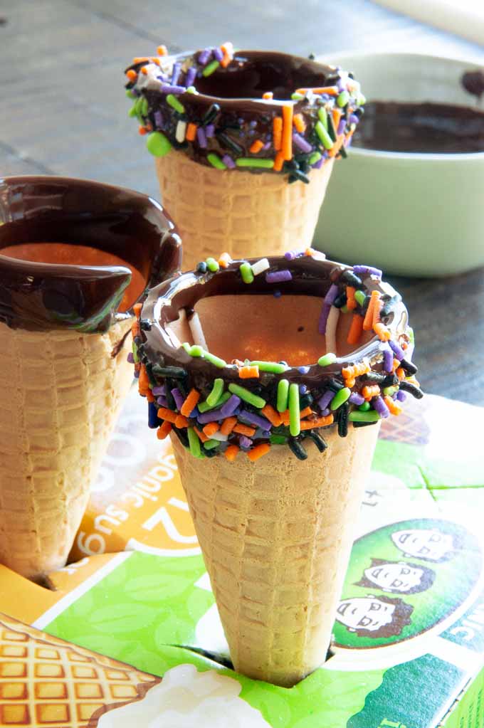 Tray of chocolate dipped cones for halloween