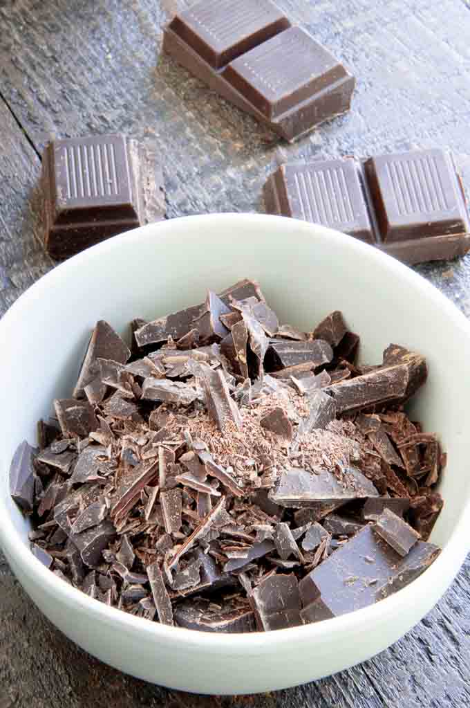 Chocolate Shards in a bowl to be melted in the microwave in a small bowl