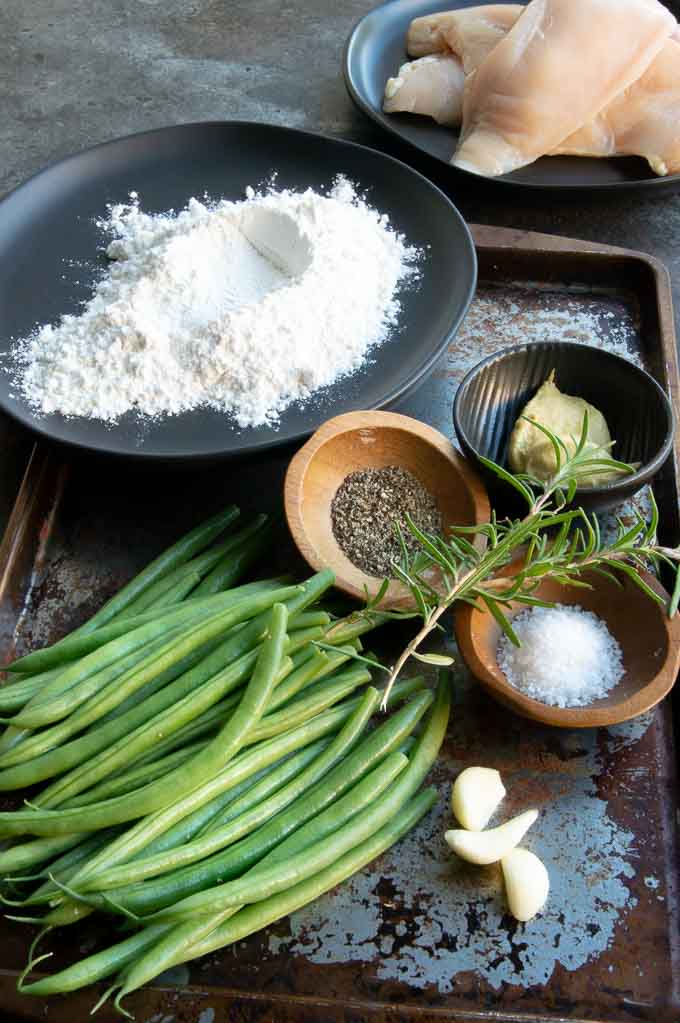 Ingredients for Chicken Saute: Chicken, flour, green beans, mustard, salt, pepper and rosemary