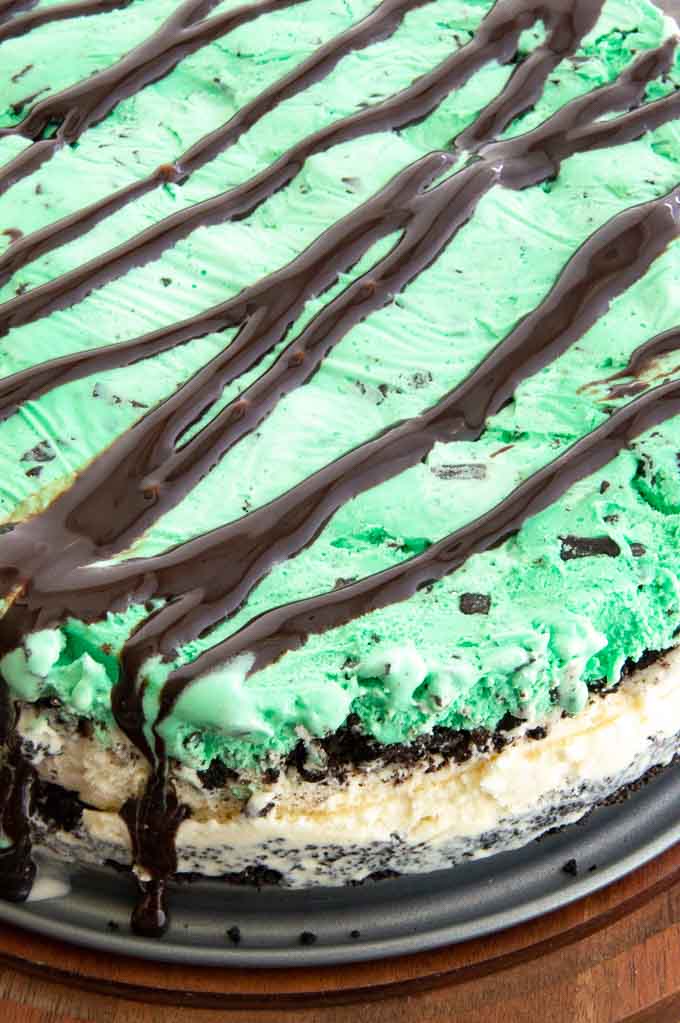 Top of mint chip pie drizzled with Chocolate