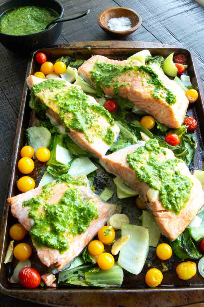 Pesto coated Salmon on a sheet pan from the oven