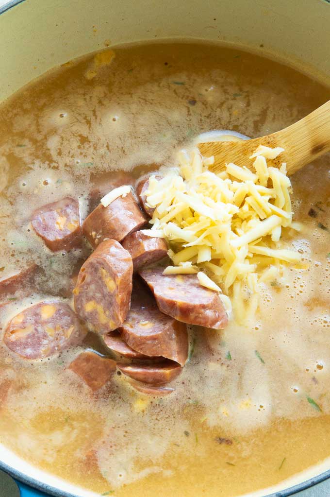 Fresh Summer Corn Chowder with Cheese, Beer and Bratwurst West Via