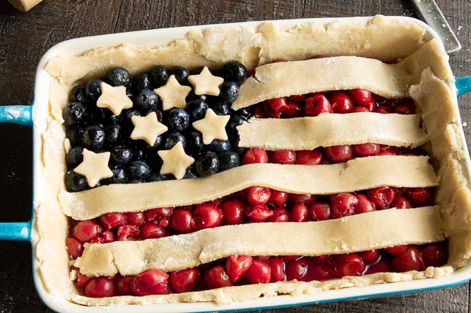 flag shaped cherry blueberry pie, unbaked