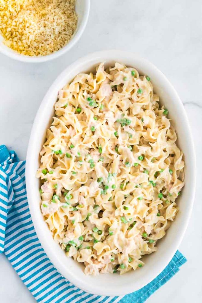 Stirred tuna and noodles in baking dish