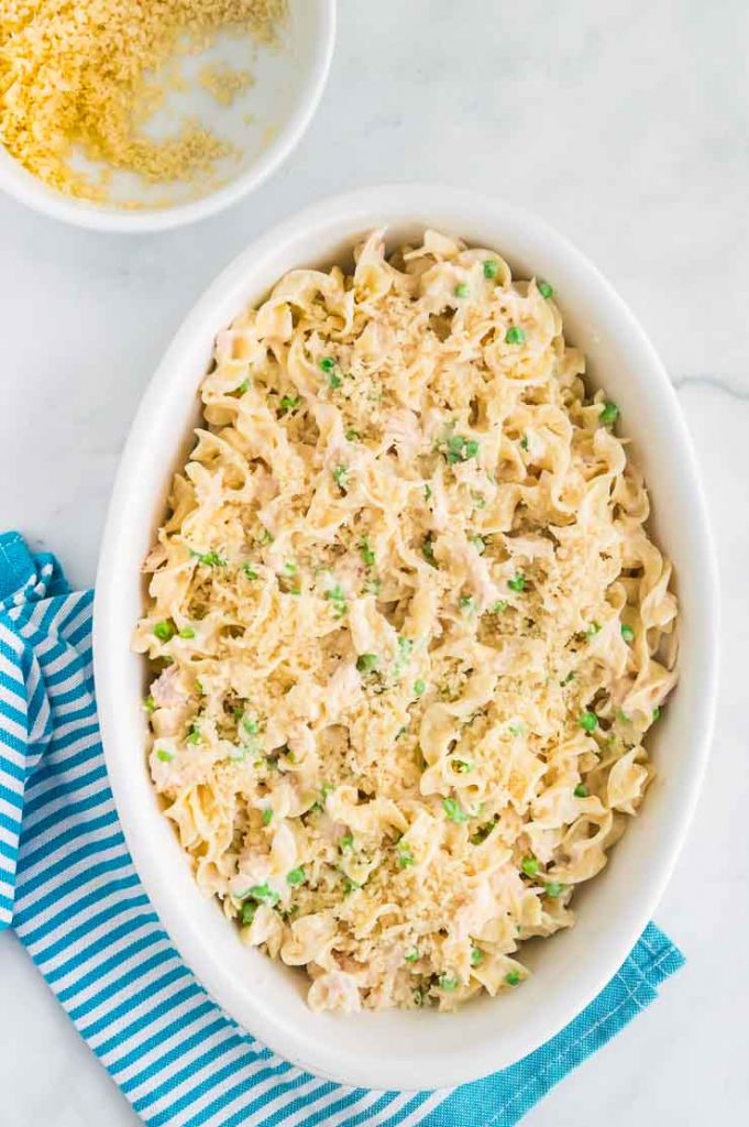 tuna casserole with bread crumbs before baking 