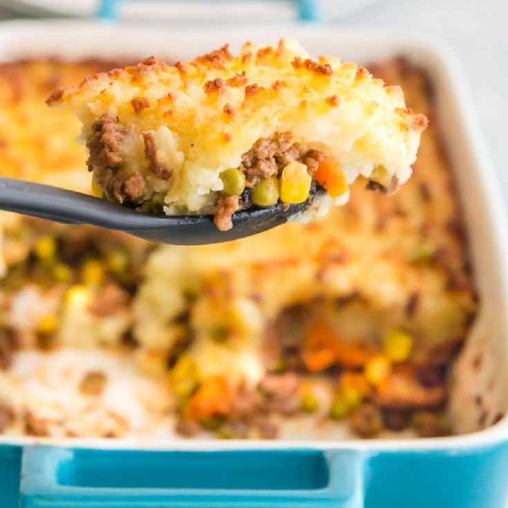 serving shepherds pie from a baking dish