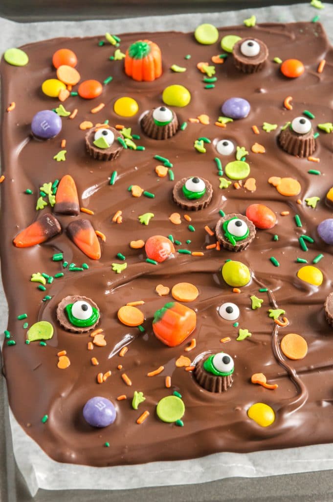 tray of bark with halloween candy