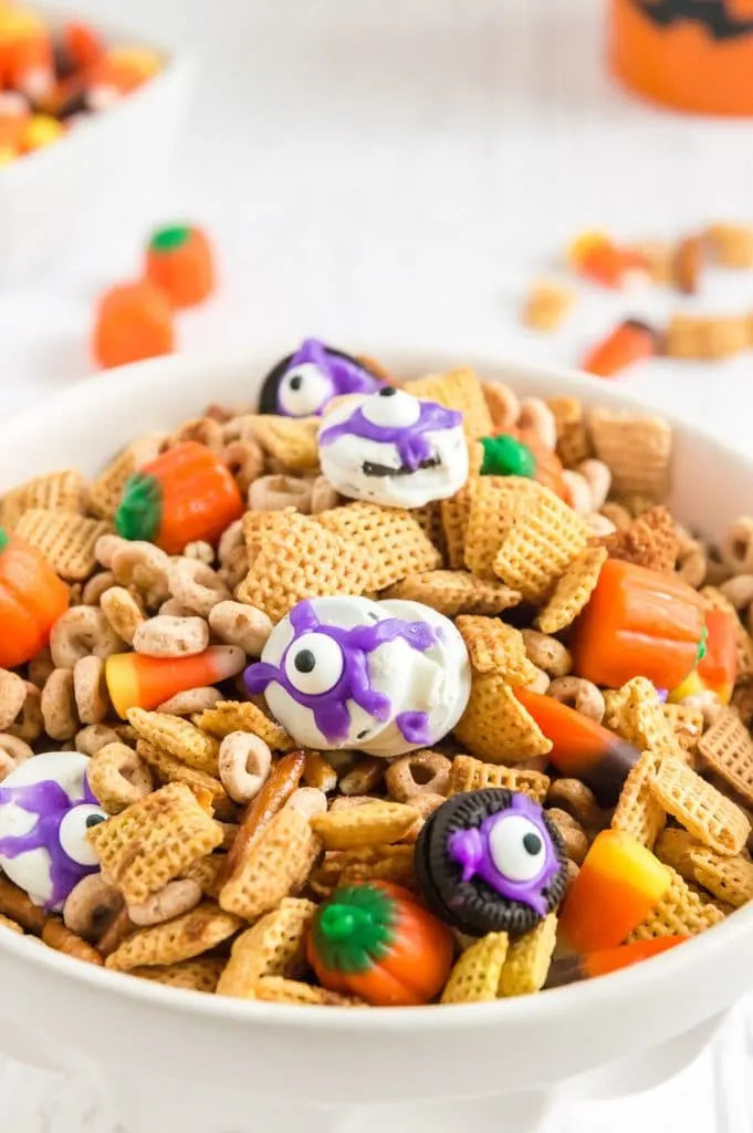 bowl of check mix with Oreo eyeballs