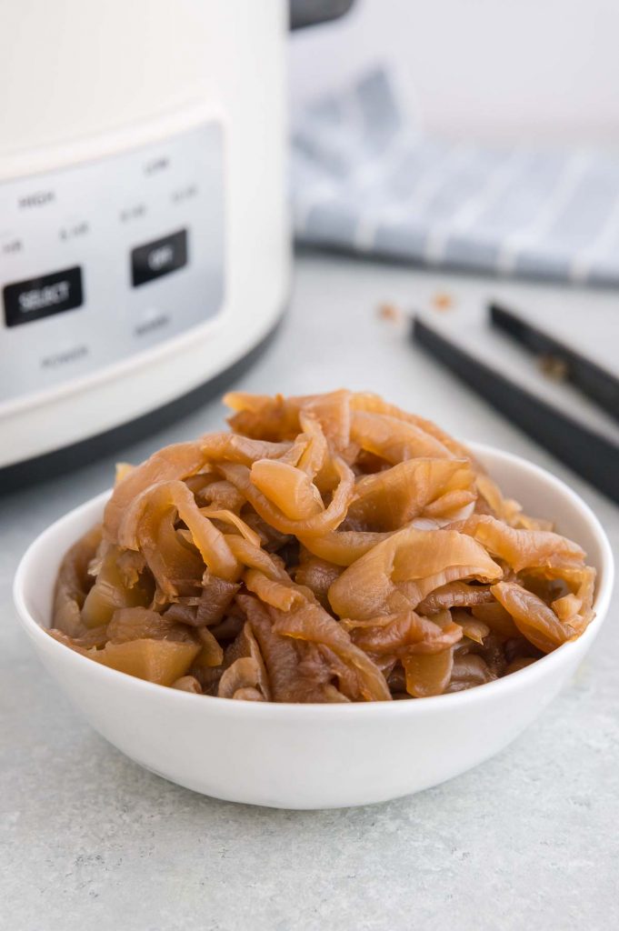 bowl of slow cooked onions in front of crock pot