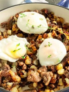 breakfast hash with poached eggs on top