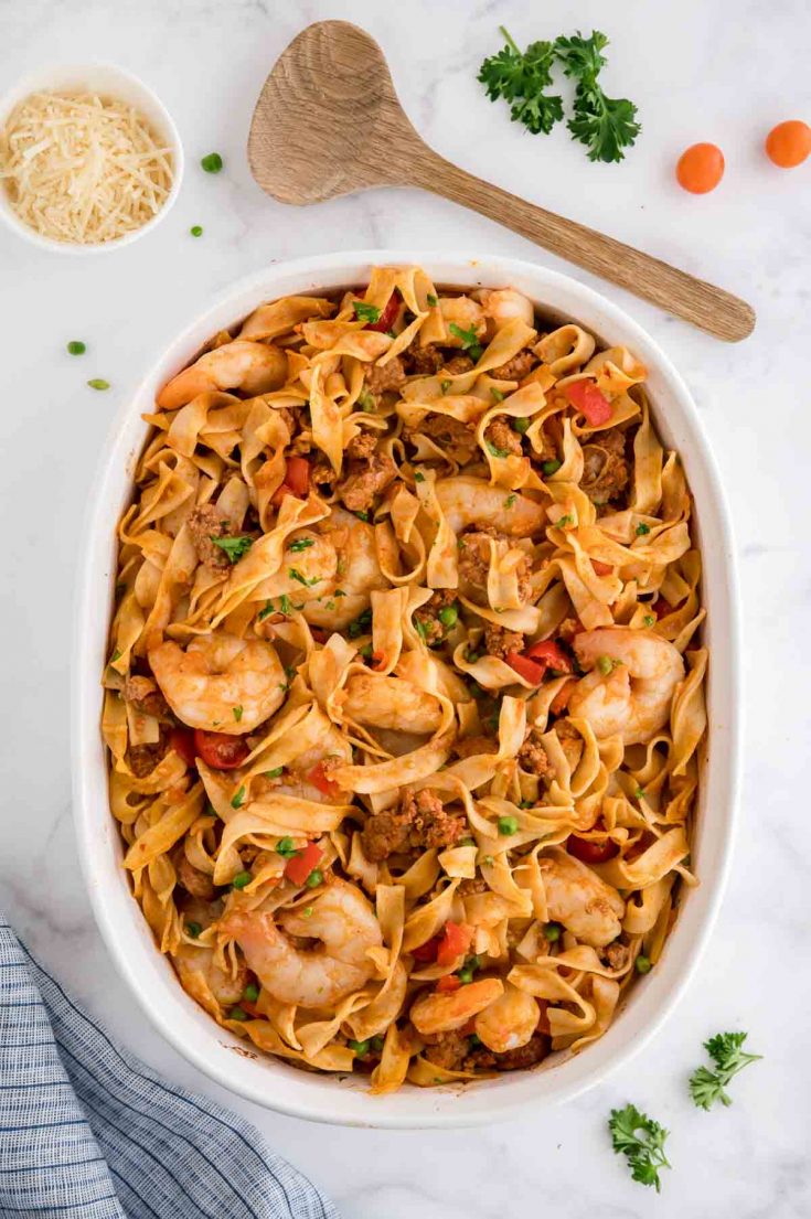 Paella in a baking dish after baking