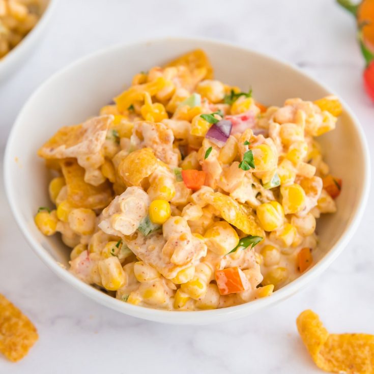 Mexican Corn Salad Dip in a white bowl