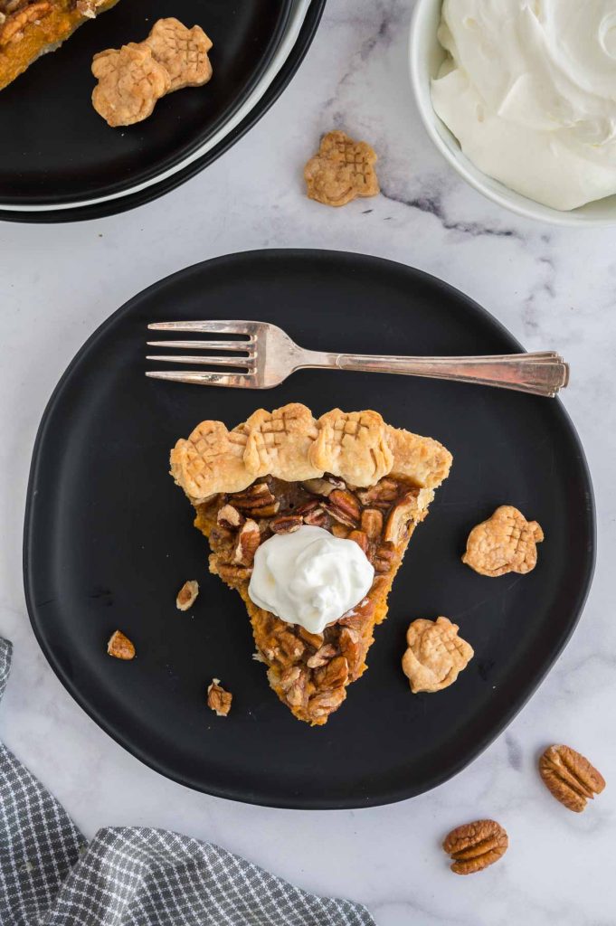 bourbon potato pie on a black plate