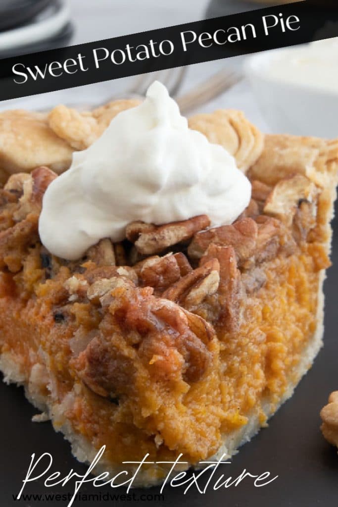 close-up of sweet potato filling under pecans in a pie slice