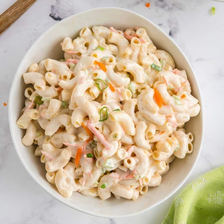 Giant serving bowl of Hawaiian pasta salad