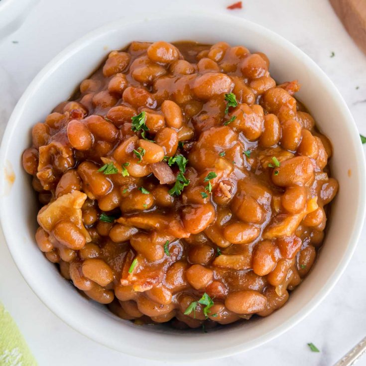 bowl of doctored baked beans for bbq