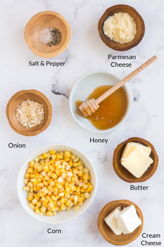 Ingredients to make honey butter corn on a table