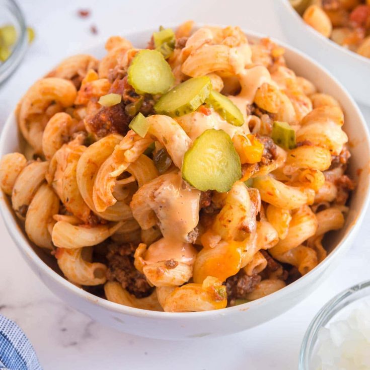 Square image of bowl of cheeseburger pasta